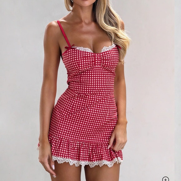Red Gingham Lace Trim Chemise - Tiger Mist Emmaline Mini Dress Xs NWT - Picture 2 of 9